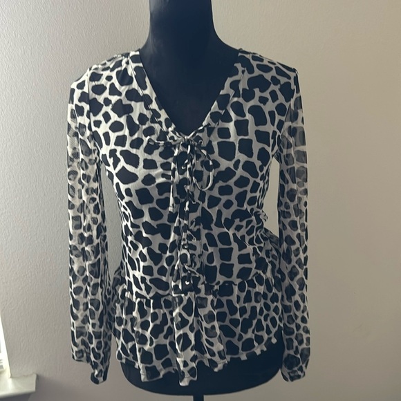 INC Animal Print Lace Up blouse semi sheer ruffle hem long sleeves Sz XS top - Picture 4 of 11